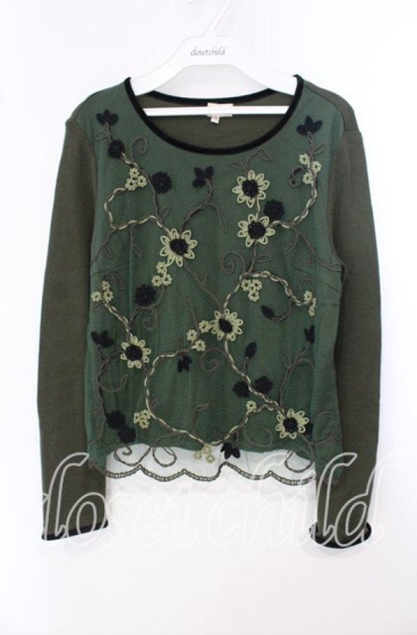 画像1: TOMATSU / ネットフラワーカットソー 38 グリーン O-25-09-29-064-LO-TO-IG-ZT103 (1)