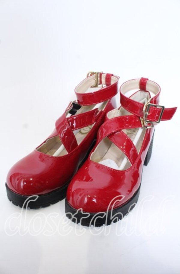 画像1: Amavel / リボン付クロス厚底パンプス M アカ O-25-09-30-1063-CA-SH-OW-ZT-K017 (1)