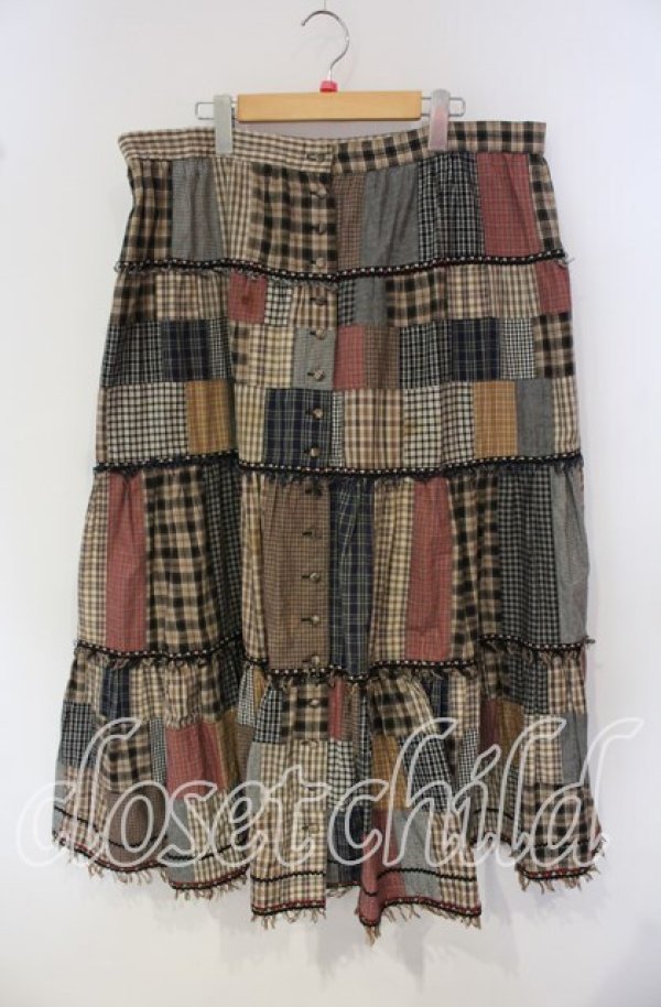 画像1: PINK HOUSE / チロリアンテープ&パッチワーク前開きスカート  ベージュ系 O-25-09-30-025-LO-SK-IG-OS (1)