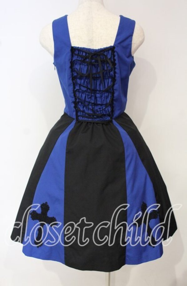 Moi-Meme-Moitie ローズ・レース十字架ジャンパースカー青×黒 9号 Moi-meme-Moitie / バイカラー十字架アップリケジャンパースカート 9号