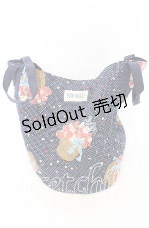 画像: PINK HOUSE / キルト円柱バッグ  ネイビー　ドットかごブーケ柄 O-25-10-10-005-LO-BG-IG-OS