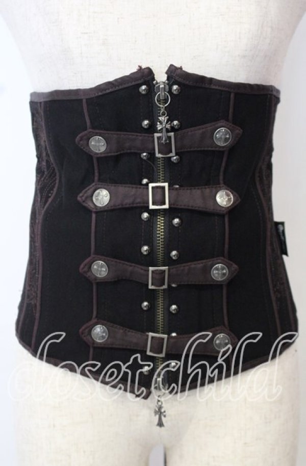 画像1: Ozz Croce / レースアップ刺繍入りコルセット  ブラック×ブラウン O-25-10-10-048-OO-TO-IG-OS (1)