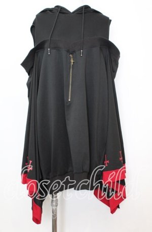 画像: NieR Clothing / 着物風袖 FRONT ZIP付きOFF-SHOULDER PARKA【CROSS】 パーカー  ブラック×レッド O-25-10-11-1054-PU-TO-IG-OS