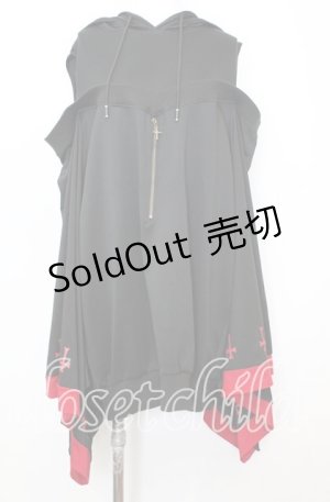 画像: NieR Clothing / 着物風袖 FRONT ZIP付きOFF-SHOULDER PARKA【CROSS】 パーカー  ブラック×レッド O-25-10-11-1054-PU-TO-IG-OS