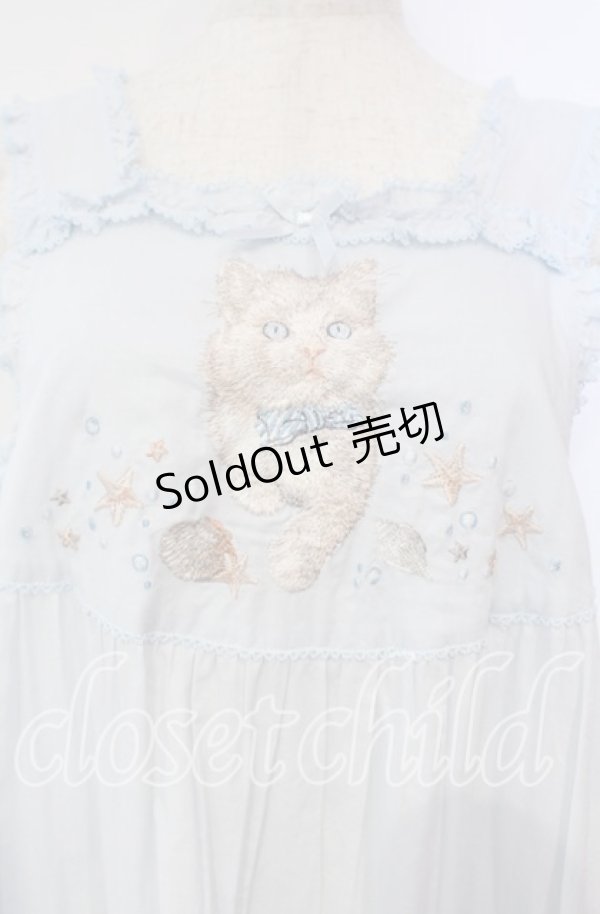 画像2: PINK HOUSE / さざ波とねこ刺繍ローンタブリエ  ミズイロ O-25-10-14-119-LO-TO-OW-OS (2)