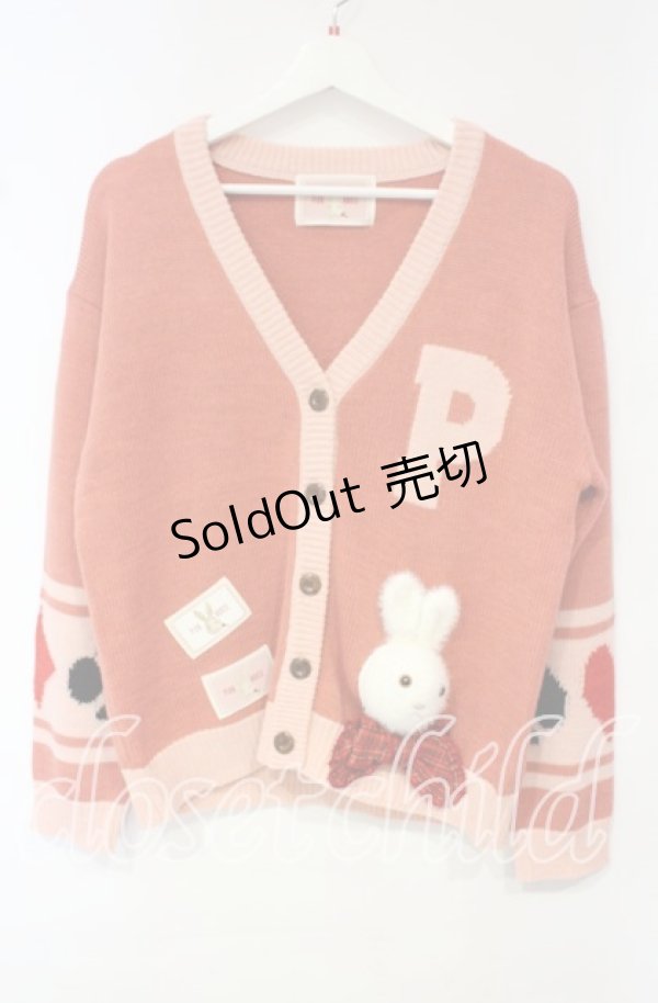画像1: PINK HOUSE / うさぎ顔ぐるみモチーフ付きニットカーディガン  赤系ピンク O-25-10-18-083-LO-TO-OW-ZI (1)
