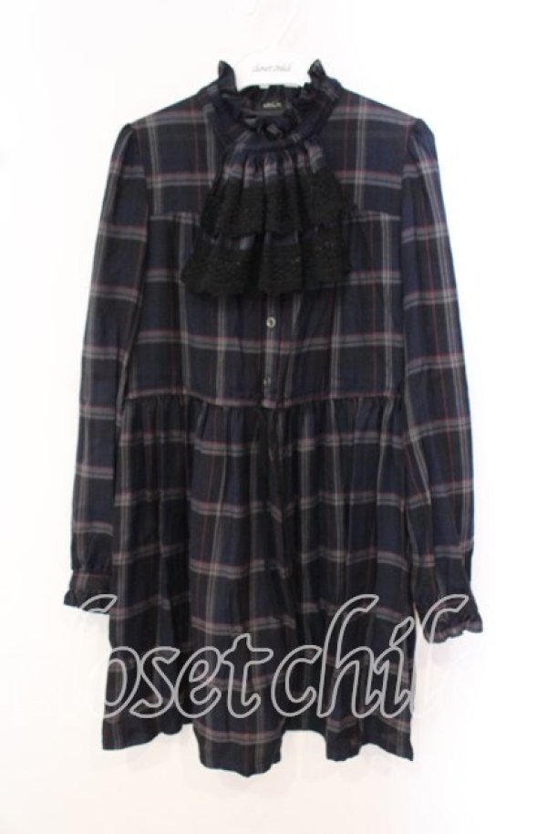 画像1: MILK / ハイネックチェックワンピース  クロ×ネイビー O-25-10-20-082-ML-OP-IG-OS (1)