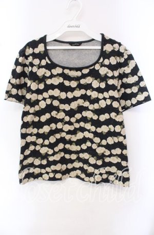 画像: INGEBORG / カメリアボーダー柄半袖Tシャツ M クロ O-25-10-21-110-LO-TS-OW-ZT129