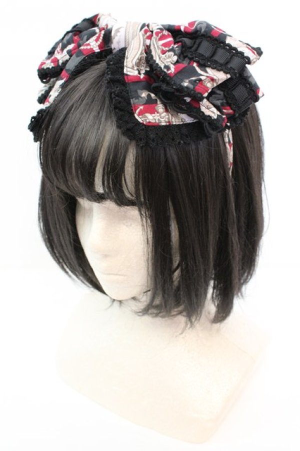 画像1: ALICE and the PIRATES / 薔薇の名前柄リボンカチューシャ  クロ×ワイン O-25-10-23-1009-PA-AC-OW-ZT1025F (1)