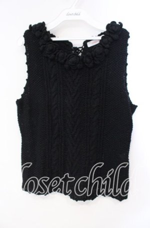 画像: WONDERFUL WORLD / フラワーモチーフニットベスト  クロ O-25-10-28-076-LO-TO-IG-OS