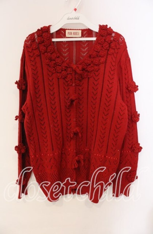 画像1: PINK HOUSE / カメリア&リボンニットカーディガン  アカ O-25-10-28-078-LO-TO-IG-OS (1)