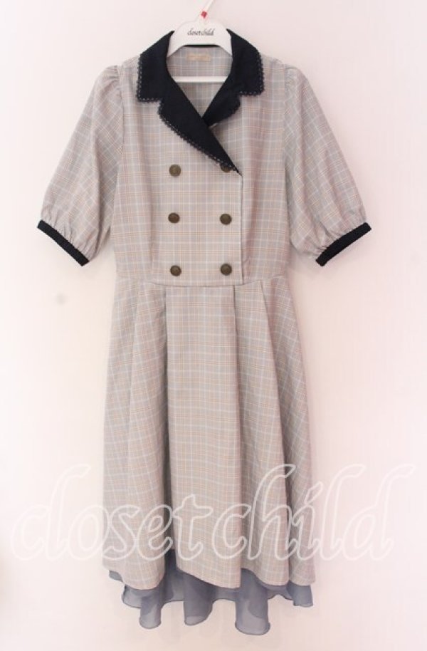 画像1: axes femme POETIQUE / ダブル釦フィッシュテールワンピース  グレー×ネイビー O-25-10-29-092-AX-OP-IG-OS (1)