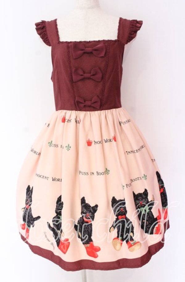 画像1: Innocent World / 長靴をはいた猫ハイウエストジャンパースカート M ワイン O-25-10-29-103-IW-OP-OW-OS (1)