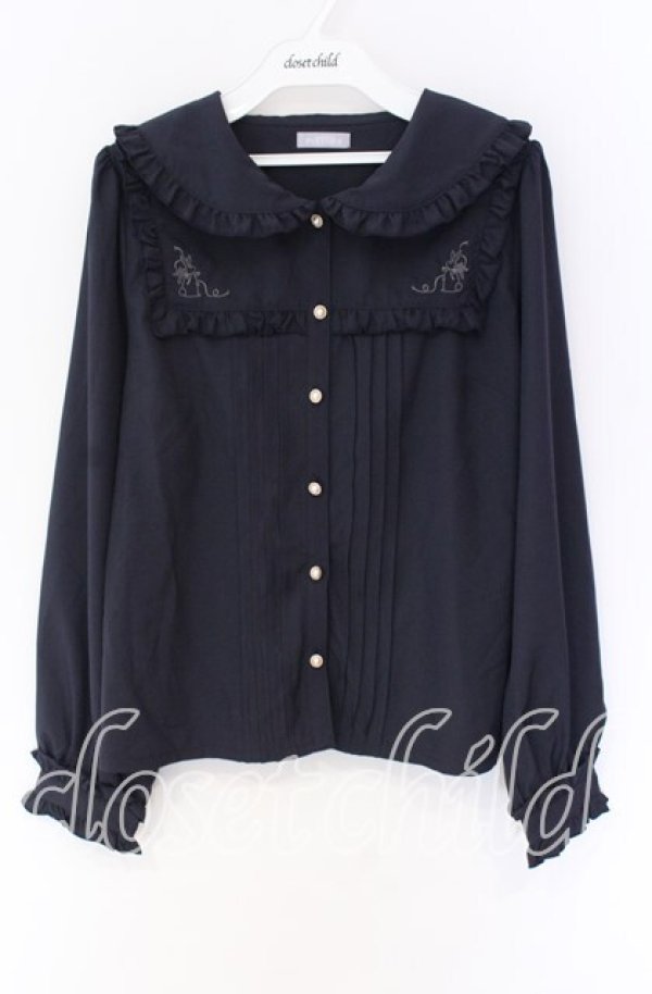 画像1: axes femme POETIQUE / バブーシュカ付ウサギ刺繍ブラウス M ネイビー O-25-10-29-014-AX-BL-OW-OS (1)