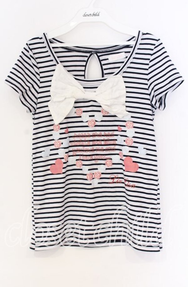 画像1: LIZ LISA / ボーダーリボンTシャツ  ネイビー×シロ O-25-10-29-026-LO-TO-IG-OS (1)