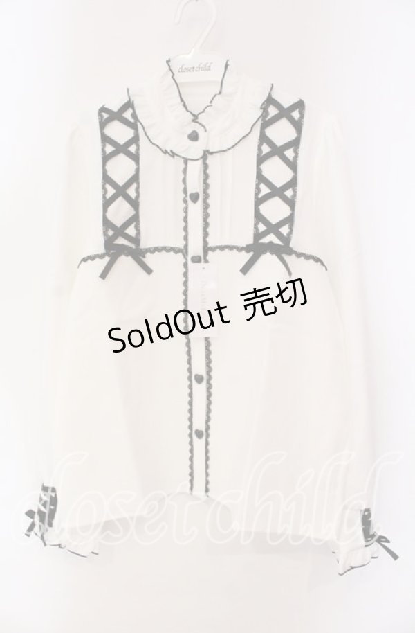 画像1: DearMyLove / レースアップフリル襟ブラウス L シロ×クロ O-25-10-30-052-EL-BL-OW-OS (1)