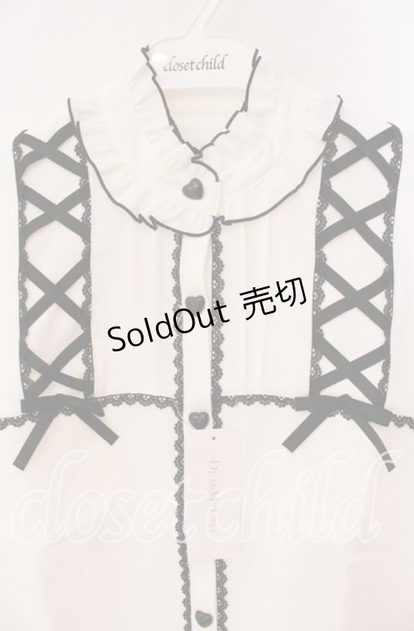 画像2: DearMyLove / レースアップフリル襟ブラウス L シロ×クロ O-25-10-30-052-EL-BL-OW-OS (2)