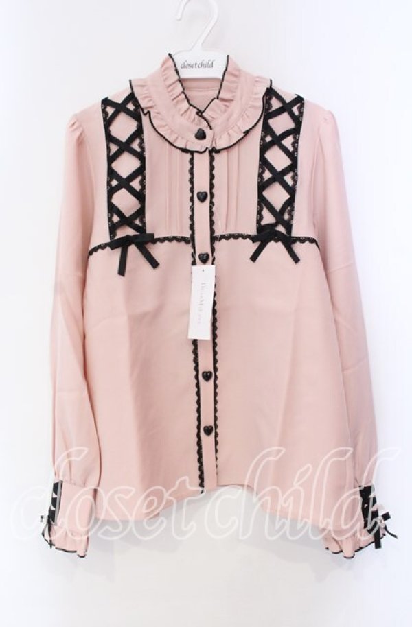 画像1: DearMyLove / レースアップフリル襟ブラウス L ピンク×クロ O-25-10-30-053-EL-BL-OW-OS (1)