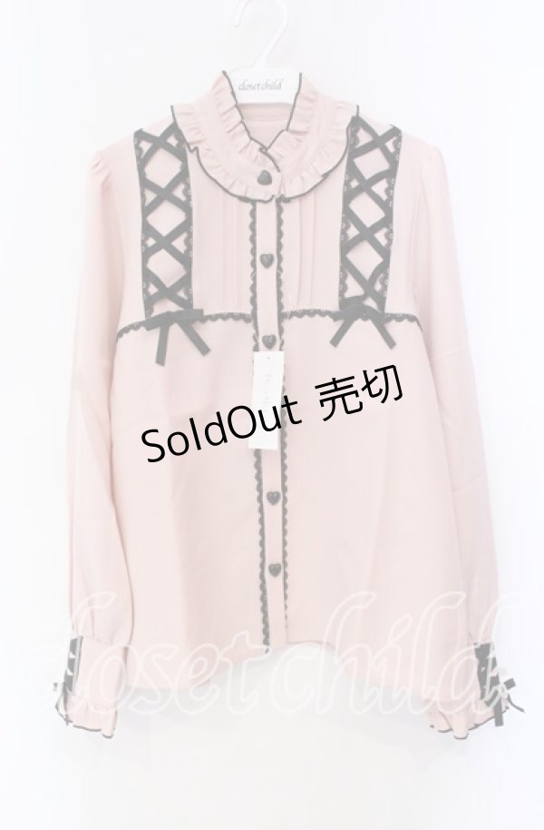 画像1: DearMyLove / レースアップフリル襟ブラウス L ピンク×クロ O-25-10-30-053-EL-BL-OW-OS (1)
