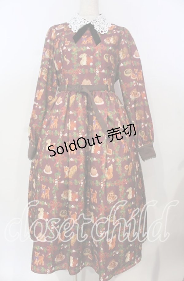 画像1: axes femme kawaii / 森のケーキ屋さん柄ワンピース M ワイン O-25-10-30-1001-AX-OP-OW-OS (1)