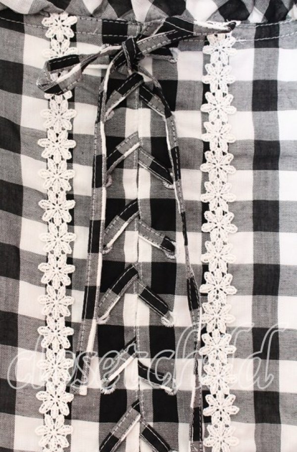 画像2: PINK HOUSE / レースアップギンガムパフブラウス  クロ O-25-10-31-080-LO-BL-IG-OS (2)