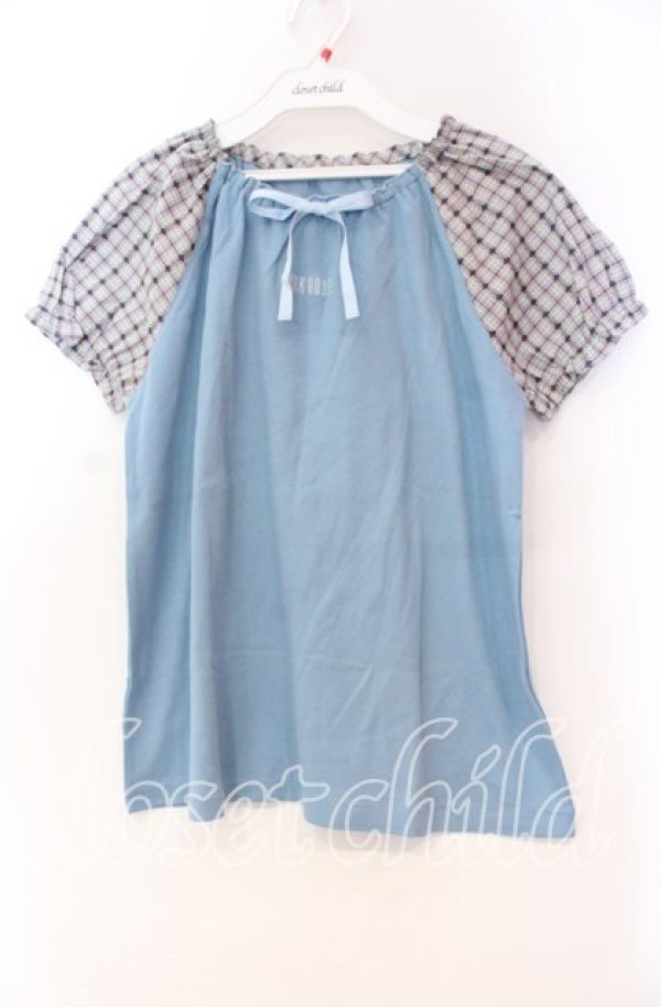 画像1: PINK HOUSE / チェックパフスリーブカットソー M サックス O-25-10-31-087-LO-TO-IG-ZT463 (1)