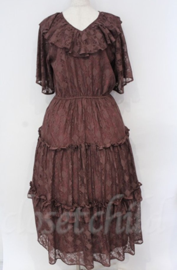 画像1: axes femme NOSTALGIE / フリルティアード総レースワンピース  ブラウン O-25-10-31-3021-AX-OP-IG-OS (1)