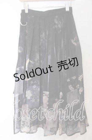 画像: Nyanya / 月下の花和風プリントプリーツスカート  クロ O-25-11-07-014-EL-SK-IG-OS