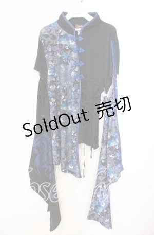 画像: Qutie Frash / チャイナ着物袖カットソー  ブルー×ブラック O-25-11-10-054-QU-TO-IG-OS