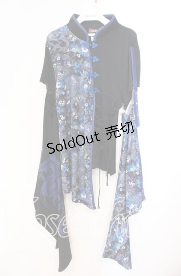 画像1: Qutie Frash / チャイナ着物袖カットソー  ブルー×ブラック O-25-11-10-054-QU-TO-IG-OS (1)