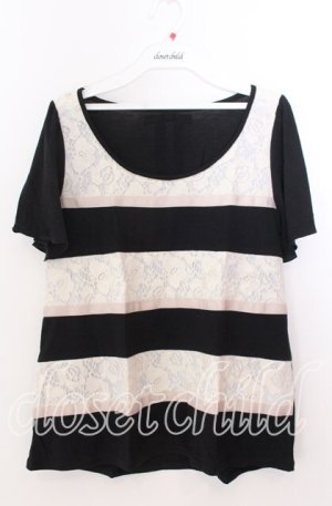 画像: axes femme / レースボーダーTシャツ  クロ×アイボリー O-25-11-11-2054-AX-TO-IG-OS