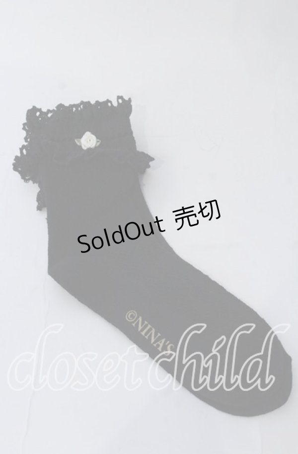 画像1: m petit by misako / プチバラ付きクルーソックス  クロ O-25-11-12-1032-LO-ZA-OW-OS (1)