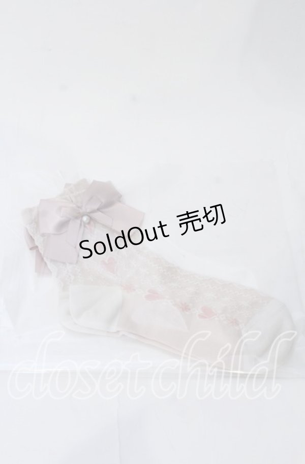 画像1: m petit by misako / ハートレース柄リボン付きクルーソックス  ピンク O-25-11-12-1007-LO-ZA-OW-OS (1)