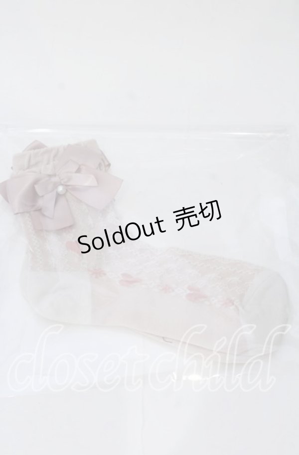 画像1: m petit by misako / ハートレース柄リボン付きクルーソックス  ピンク O-25-11-12-1008-LO-ZA-OW-OS (1)