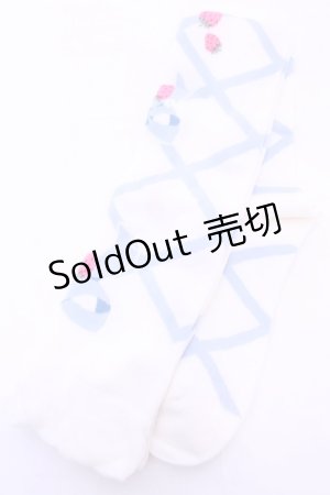 画像: Lovely Tency / 眞白ありすコラボ/編み上げリボン風いちご柄オーバーニーソックス  シロ×サックス O-25-11-14-1050-LO-AC-OW-OS