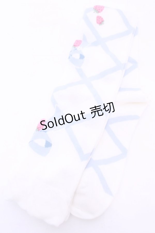 画像1: Lovely Tency / 眞白ありすコラボ/編み上げリボン風いちご柄オーバーニーソックス  シロ×サックス O-25-11-14-1050-LO-AC-OW-OS (1)