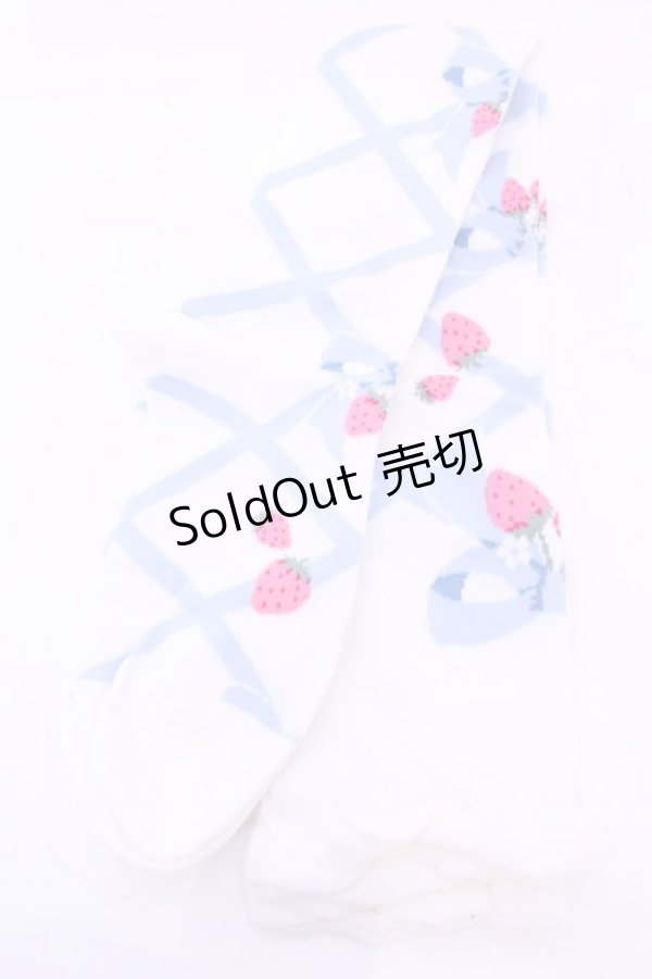 画像2: Lovely Tency / 眞白ありすコラボ/編み上げリボン風いちご柄オーバーニーソックス  シロ×サックス O-25-11-14-1050-LO-AC-OW-OS (2)