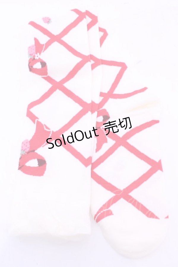 画像1: Lovely Tency / 眞白ありすコラボ/編み上げリボン風いちご柄オーバーニーソックス  アイボリー×アカ O-25-11-14-1051-LO-AC-OW-OS (1)