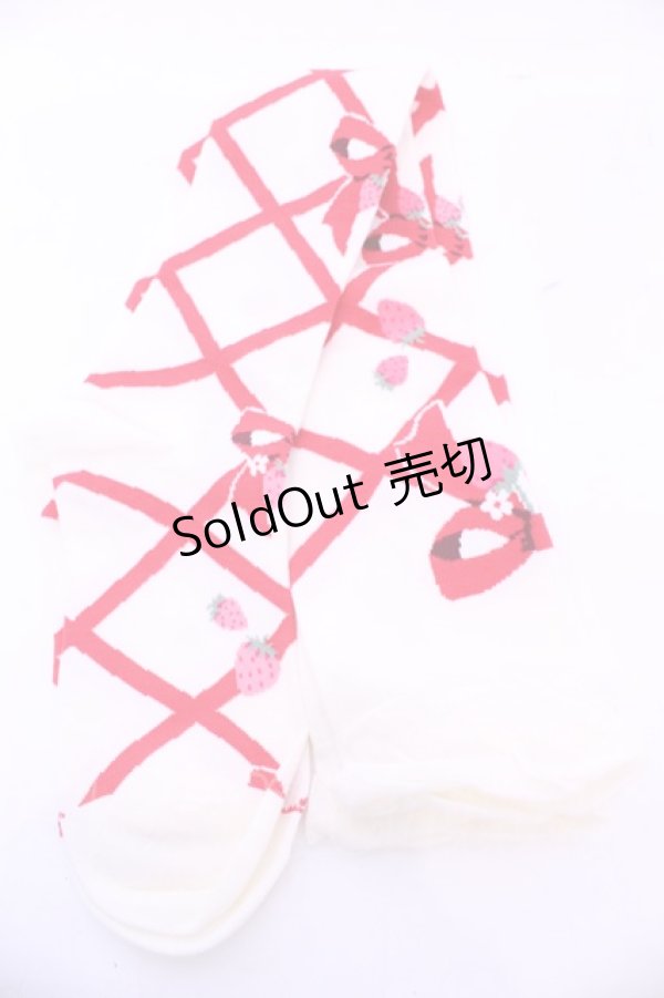 画像2: Lovely Tency / 眞白ありすコラボ/編み上げリボン風いちご柄オーバーニーソックス  アイボリー×アカ O-25-11-14-1051-LO-AC-OW-OS (2)