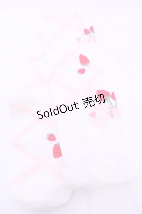 画像1: Lovely Tency / 眞白ありすコラボ/編み上げリボン風いちご柄オーバーニーソックス  シロ×ピンク O-25-11-14-1052-LO-AC-OW-OS (1)