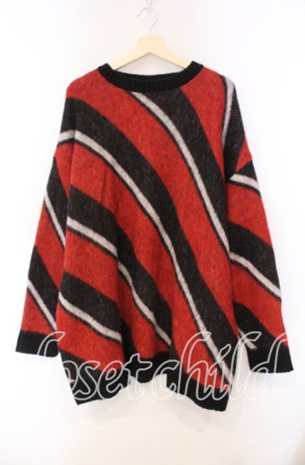 画像1: KMK / マルチカラーナナメストライプモッサライクふんわりビッグニット  レッド×ブラック O-25-11-15-059-PU-TO-IG-OS (1)