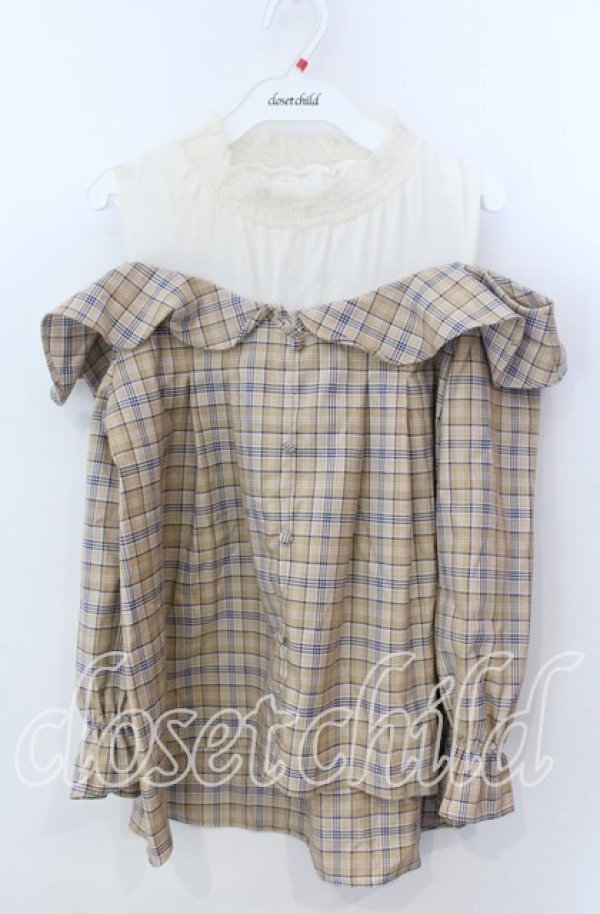 画像1: axes femme POETIQUE / オフショルレイヤード風シャツ Ｍ ベージュ×アイボリー O-25-11-21-043-AX-TO-IG-ZT014 (1)