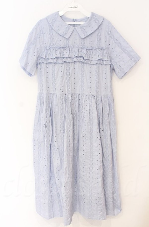 画像1: Jane Marple / Vintage stripe lace frill-trim dress ドレス Ｍ サックス O-25-11-24-027-JM-OP-IG-OS (1)