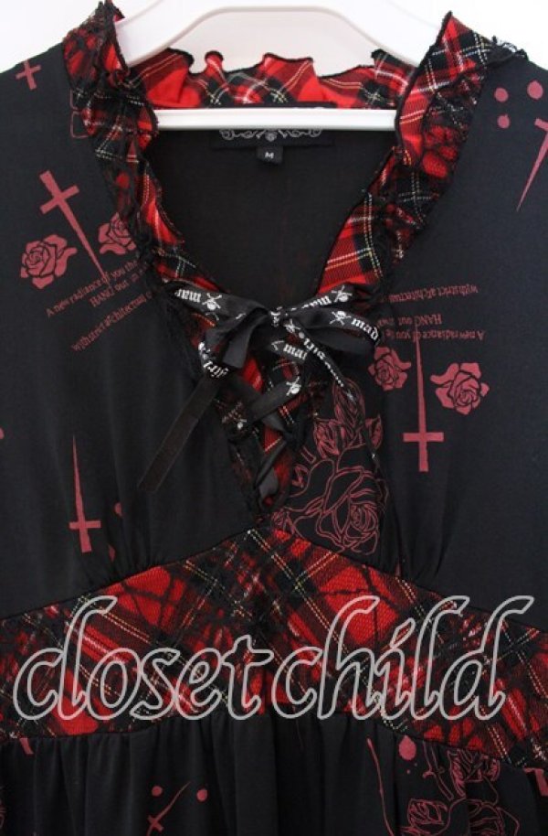 画像2: MAD / 薔薇十字架チェック切り替えワンピース M ブラック×レッド O-25-11-27-038-PU-OP-IG-OS (2)