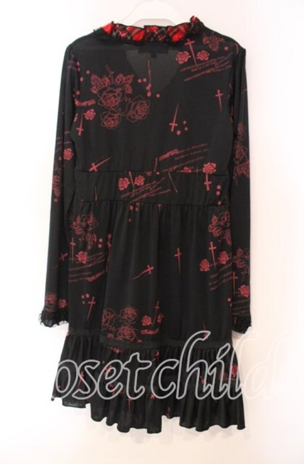 画像3: MAD / 薔薇十字架チェック切り替えワンピース M ブラック×レッド O-25-11-27-038-PU-OP-IG-OS (3)