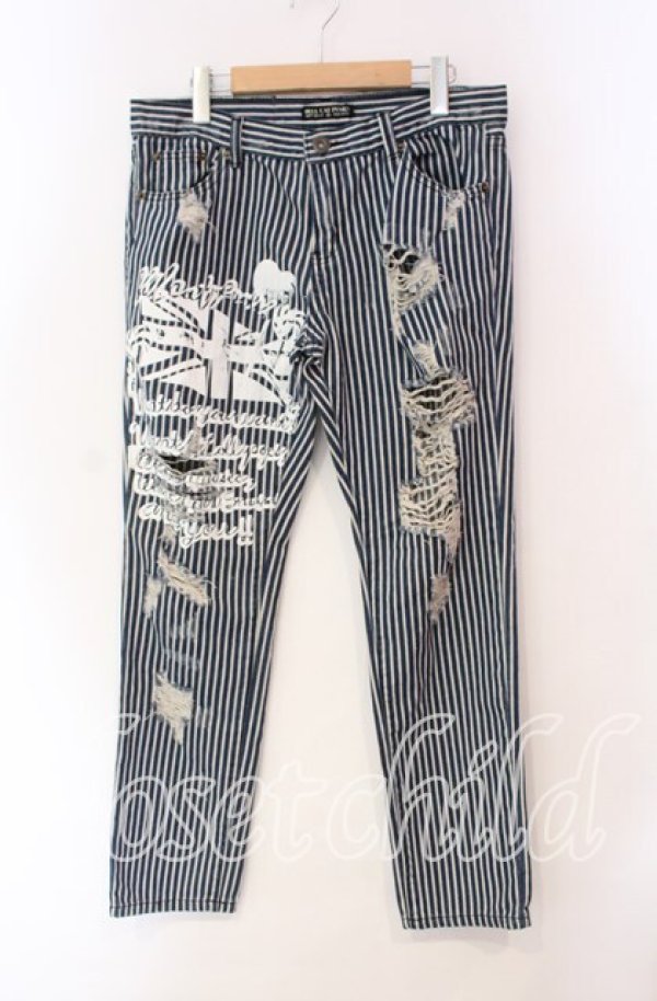 画像1: HELL CAT PUNKS / ストライプダメージパンツ  ブルー O-25-11-27-049-PU-PA-OW-OS (1)