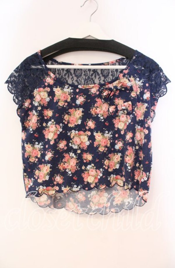 画像1: LIZ LISA / レース切り替え花柄Tシャツ 0 ネイビー O-25-12-02-053-LO-TO-OW-ZT0115L (1)
