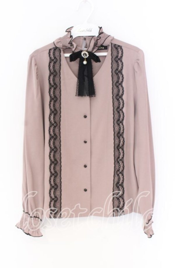 画像1: Rojita / スタンドカラーリボンブローチ付ブラウス  ピンク×クロ O-25-12-02-1036-LO-BL-IG-OS (1)