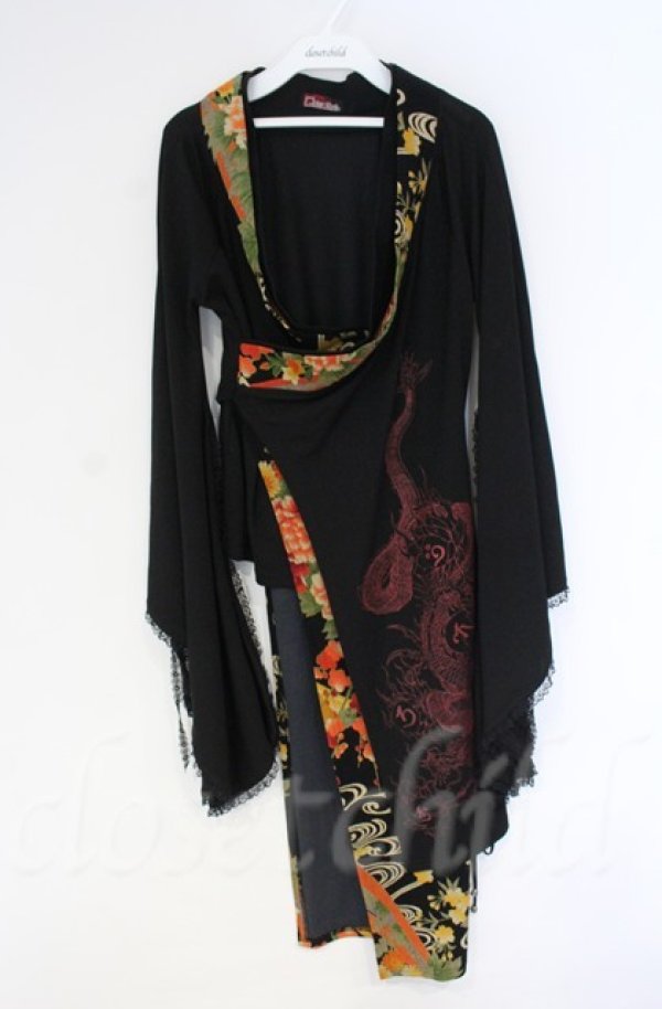 画像1: Qutie Frash / ちりめん着物袖チュニック  ブラック×オレンジ O-25-12-03-025-QU-TO-IG-ZT056 (1)