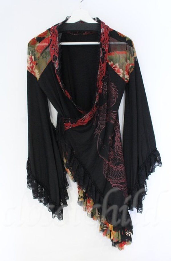 画像1: Qutie Frash / メッシュショルダーアシメ着物カーディガン  ブラック×オレンジ O-25-12-03-014-QU-JA-IG-ZT065 (1)